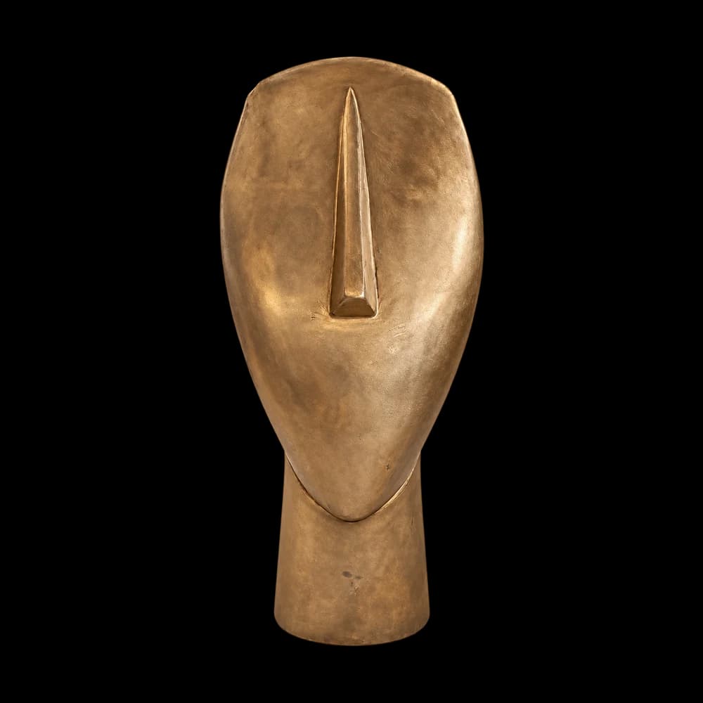 Shield-shaped bronze sculpture with a raised central ridge on a cylindrical base